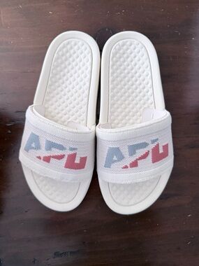 APL White Slide Sandals with Pink & Light Blue Logo